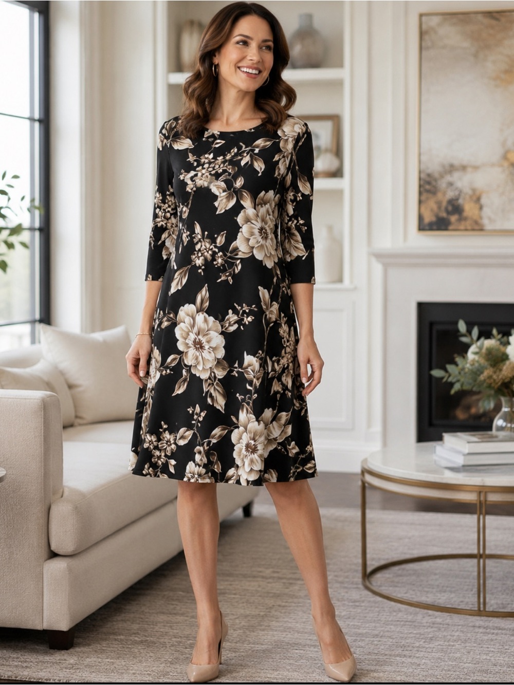 Black Floral Long Sleeve A-Line Dress with Cream Blooms